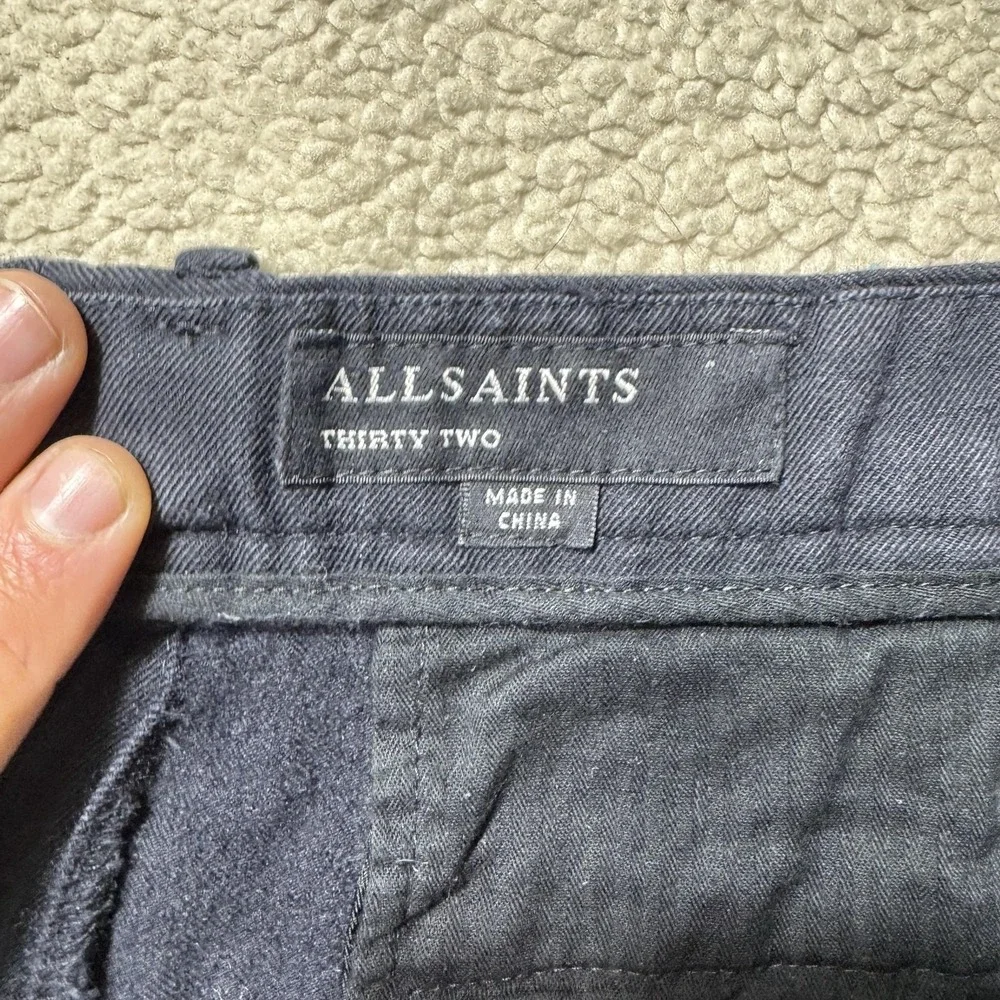 AllSaints Pants Mens 32 Black Pleated Cotton Wool Button Fly Chino Trousers Crop